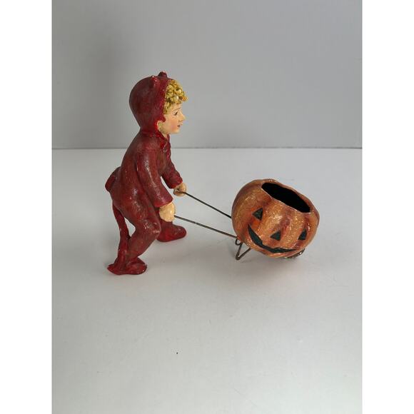 Bethany Lowe Devil Child Pulling Pumpkin Wagon Halloween Figurine - Picture 1 of 9